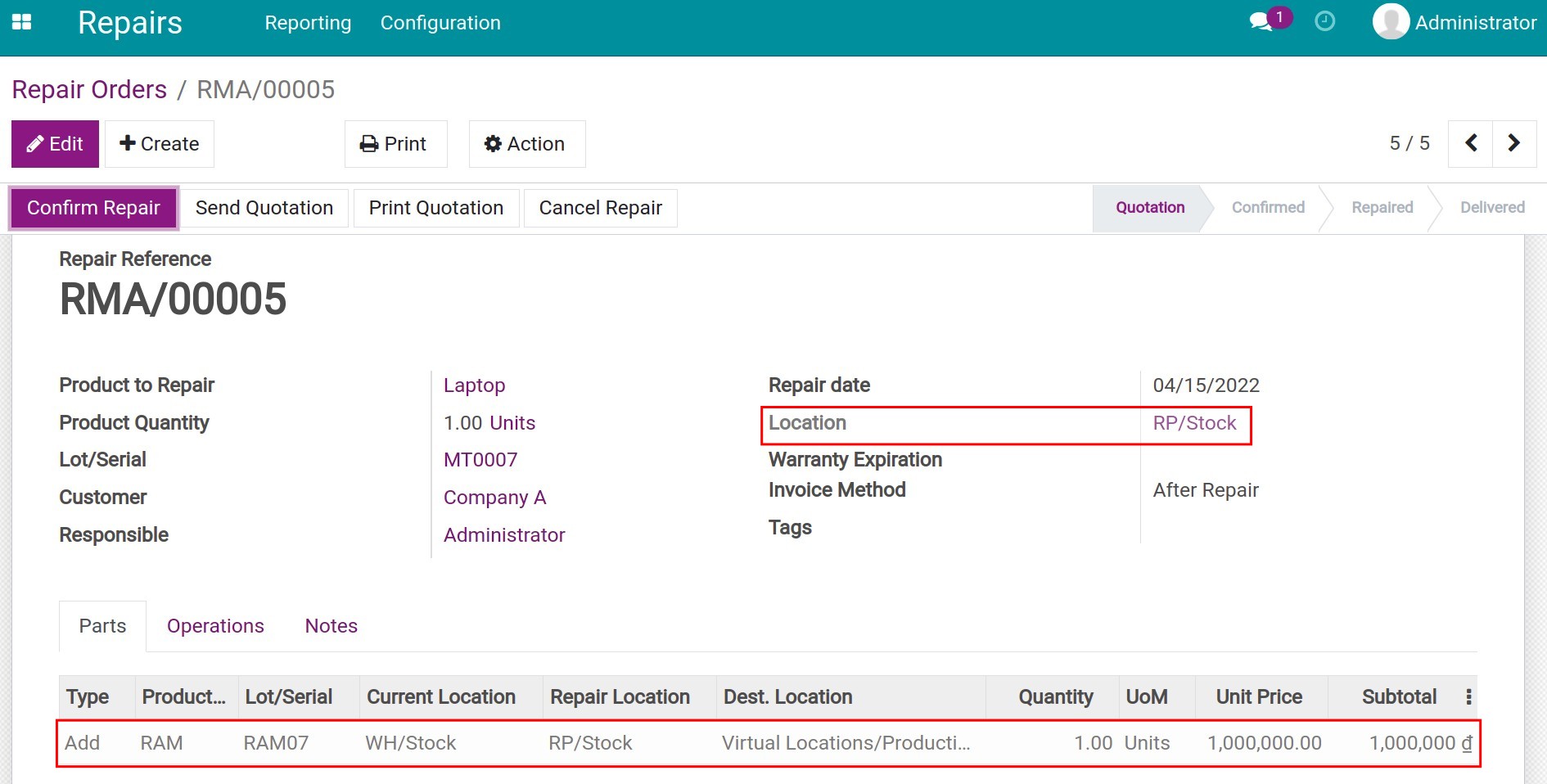 Create a repair order for a customer