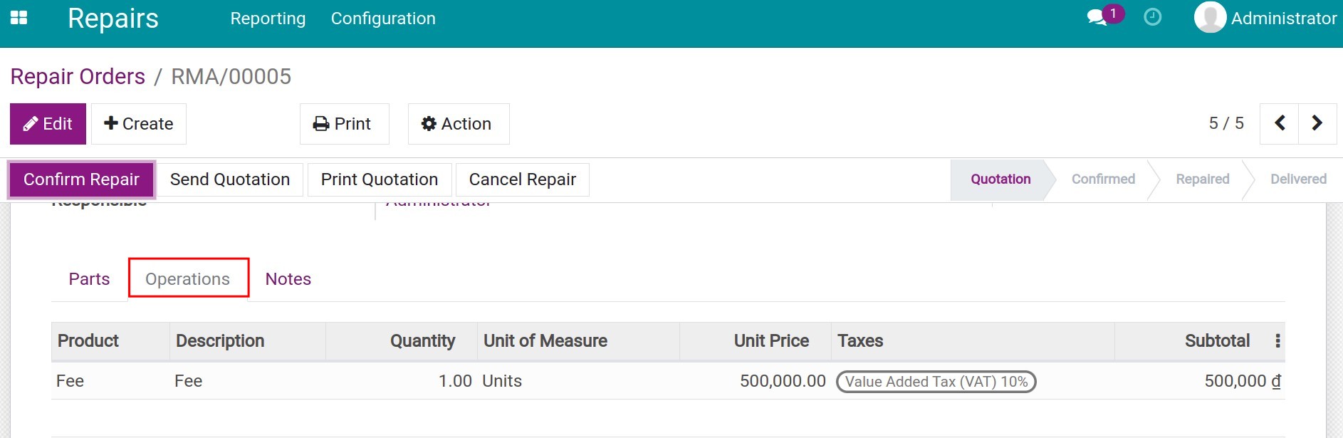 Repair service fee