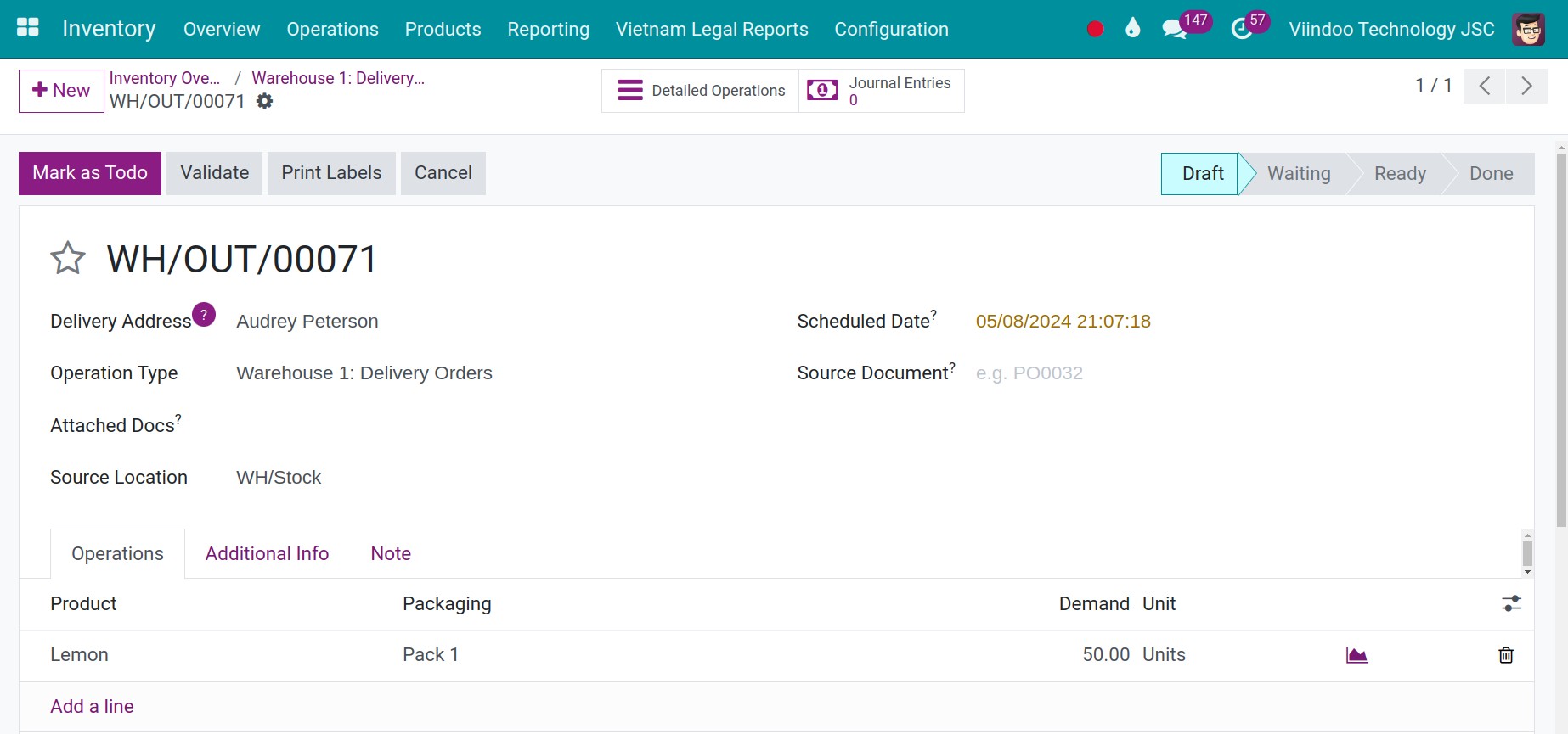 create the stock delivery with a quantity of 50