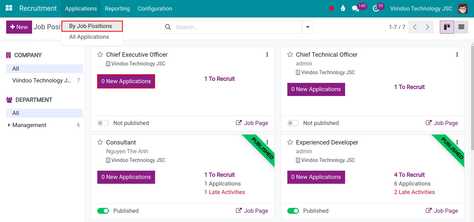 Applications button in Job Positions