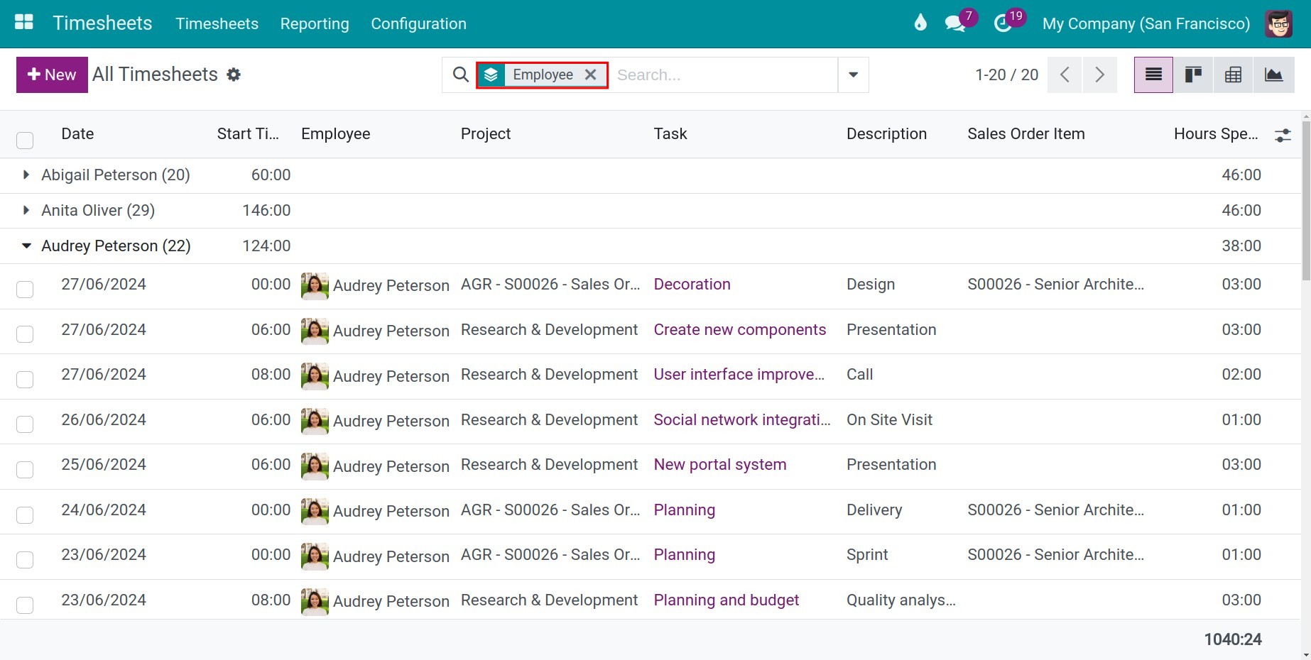 view a timesheet table on timesheets application