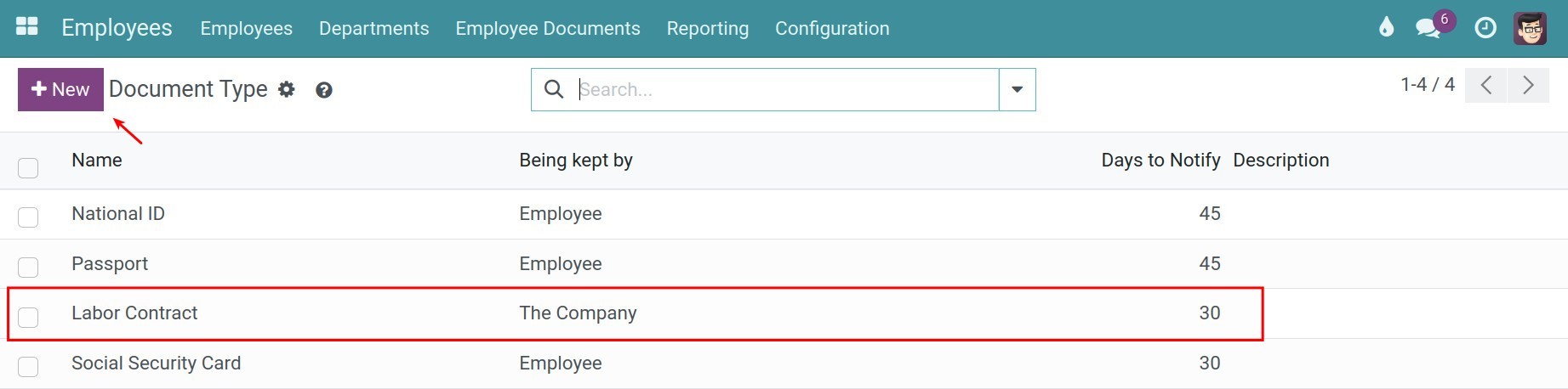 Select employee document type Partner - Viindoo