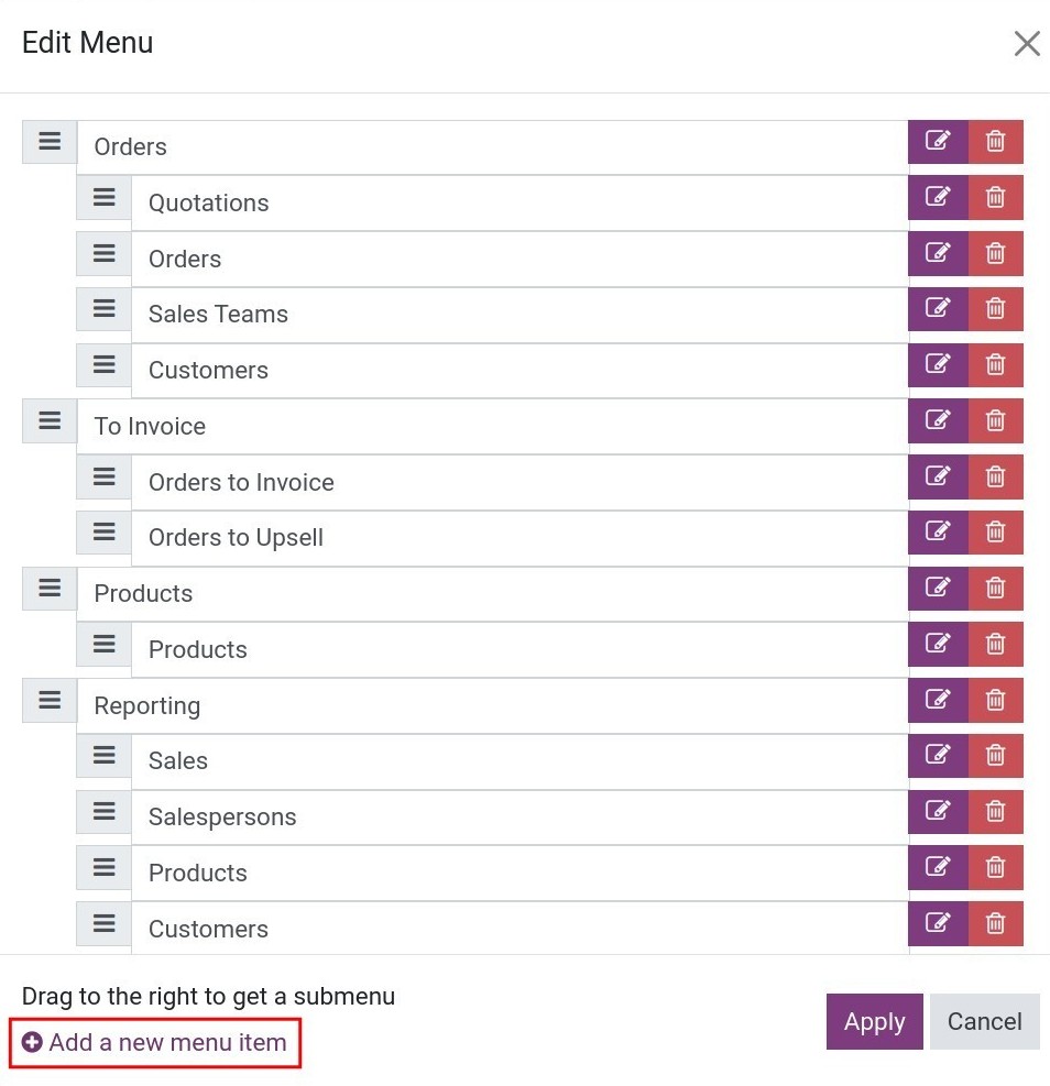 Menu editing interface