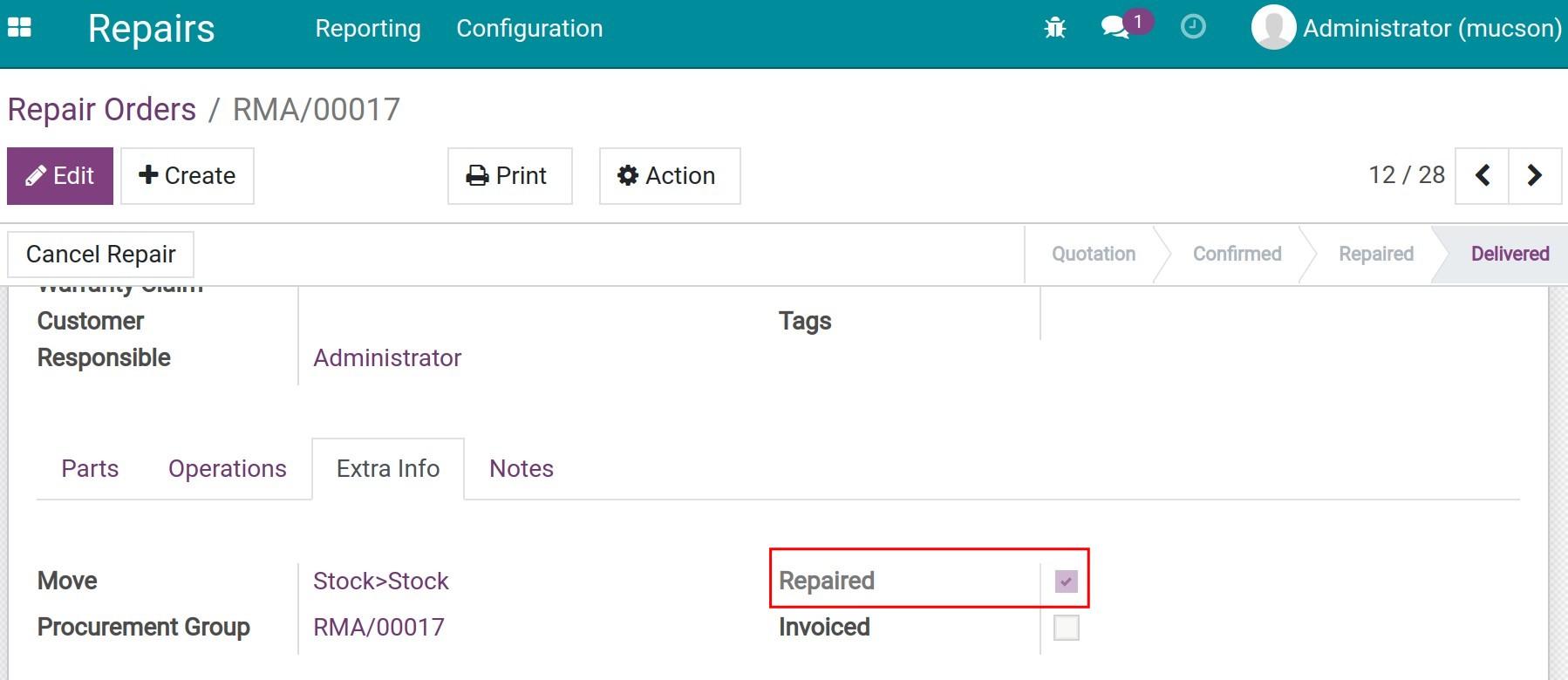 Repair order status changed to repaired