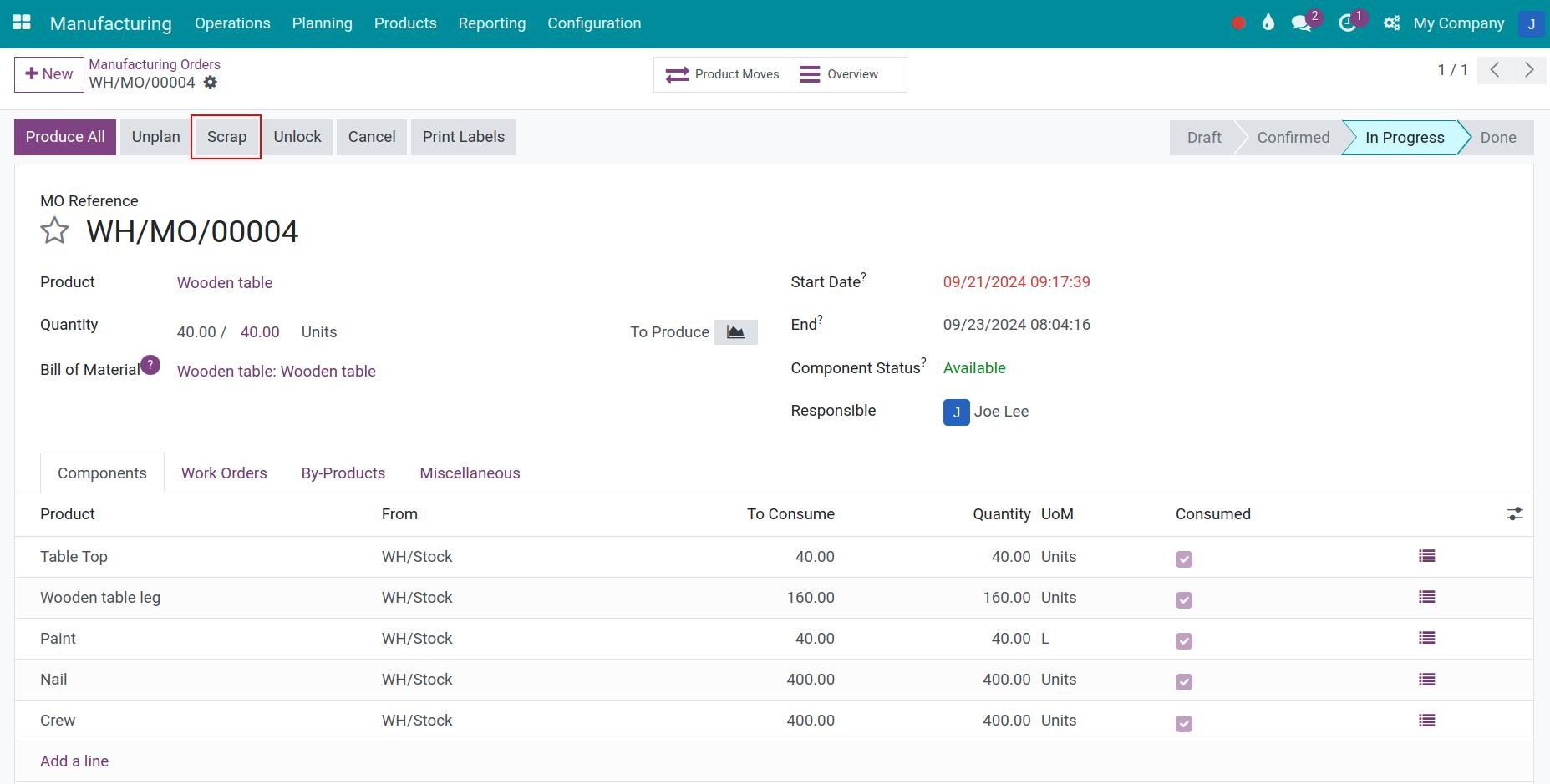 Select Scrap in Manufacturing orders