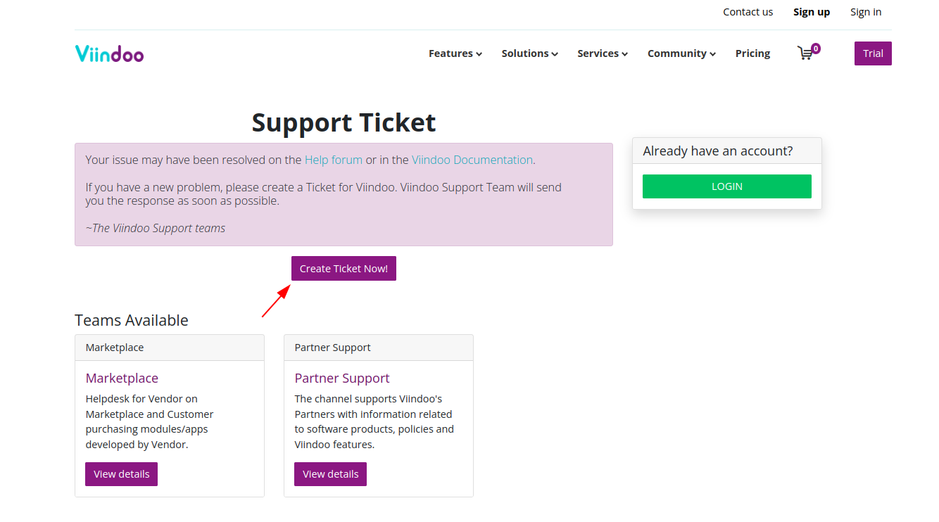 Create a new ticket on viindoo website
