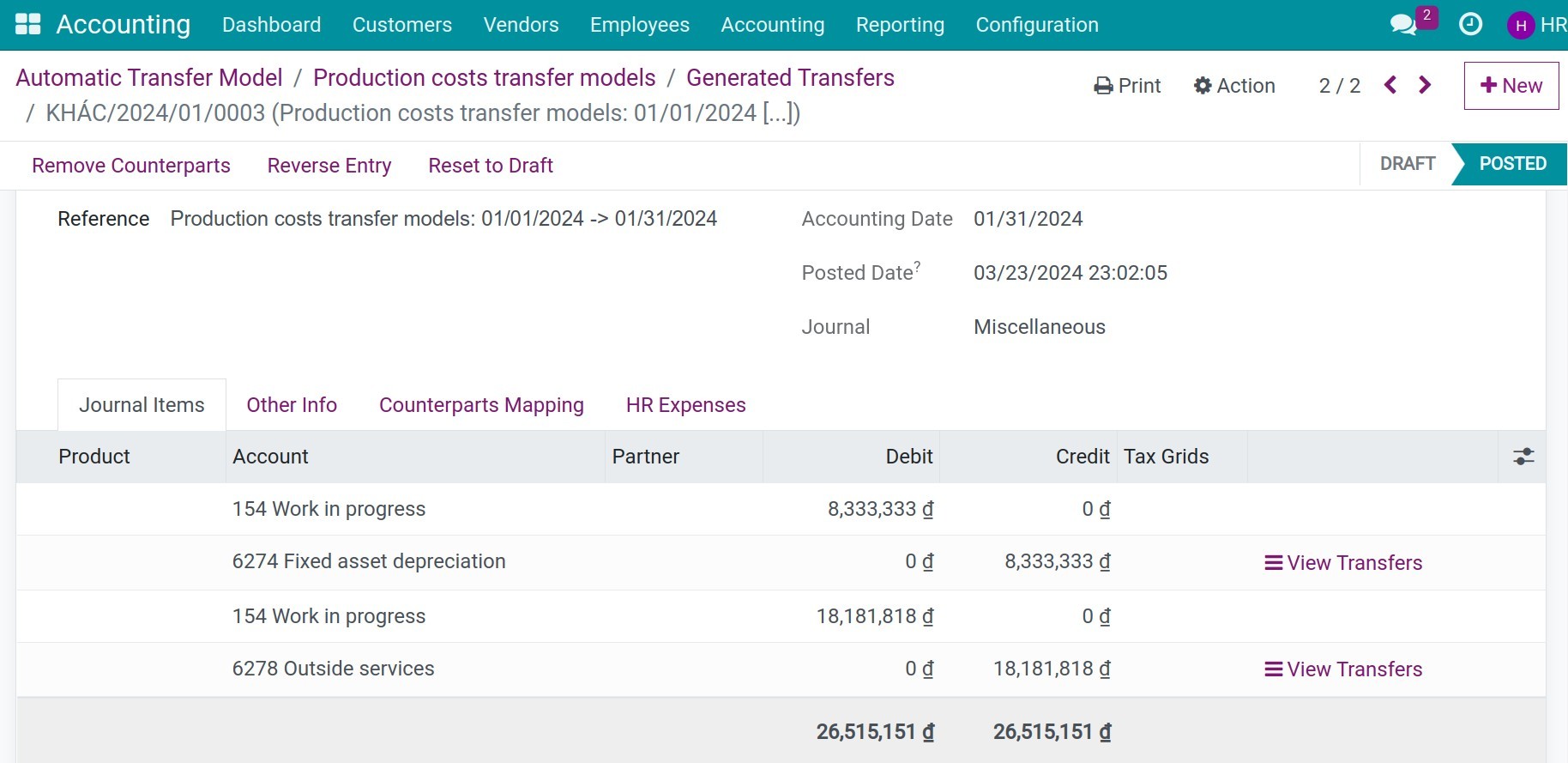 Details auto journal entries in Viindoo