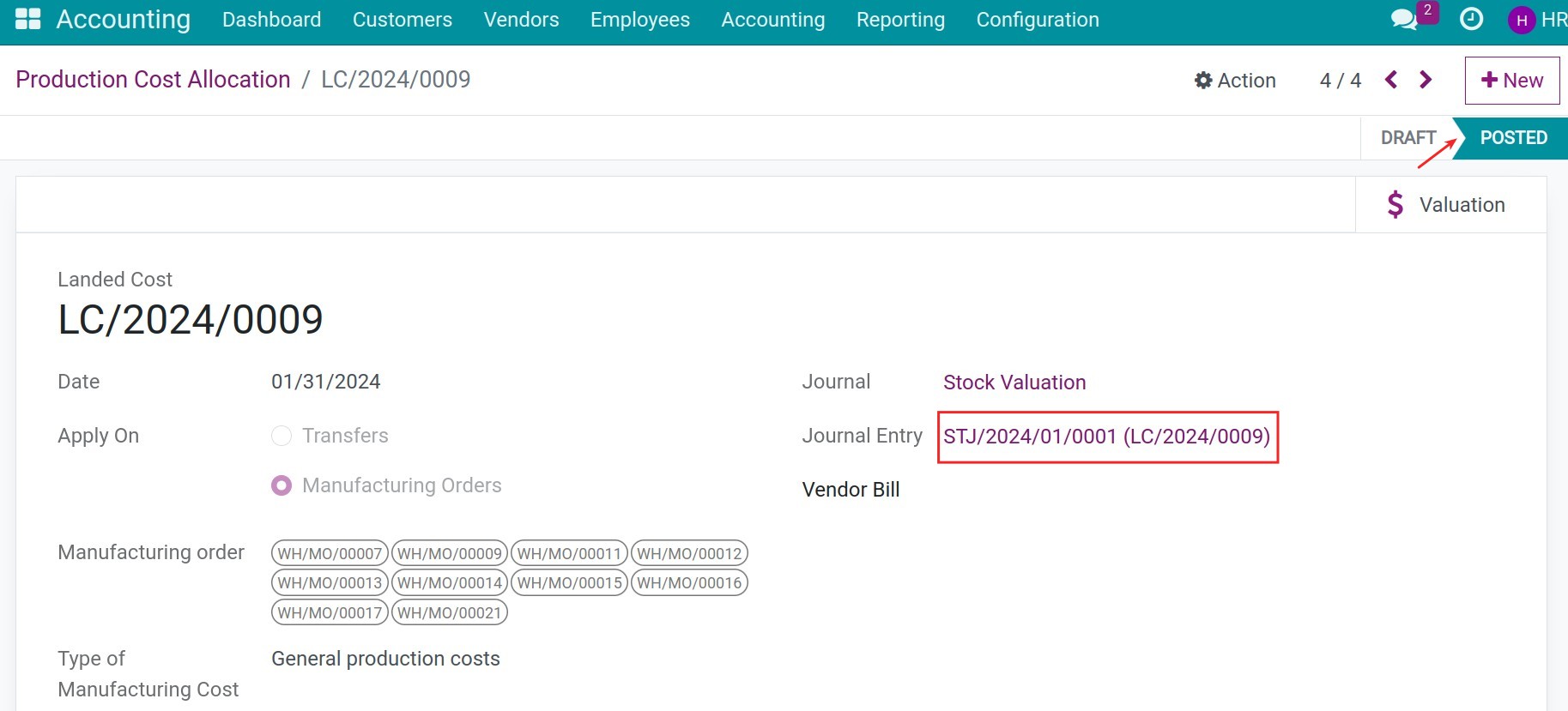 Journal entries of allocation in Viindoo