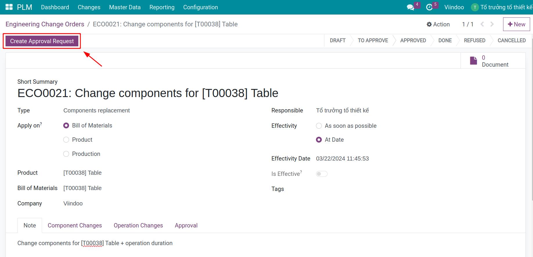Create ECO approval request in Viindoo
