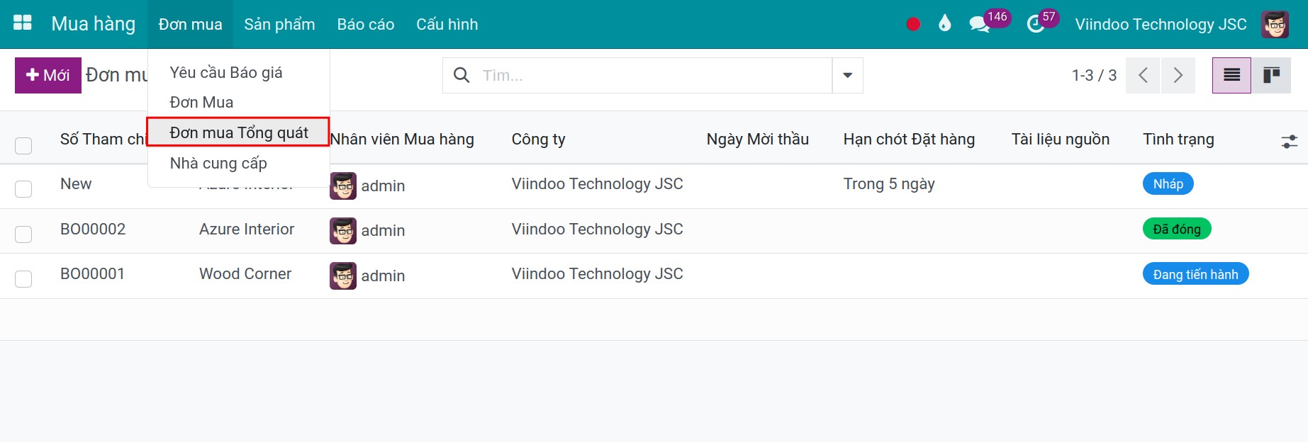 Đơn mua tổng quát trong Viindoo
