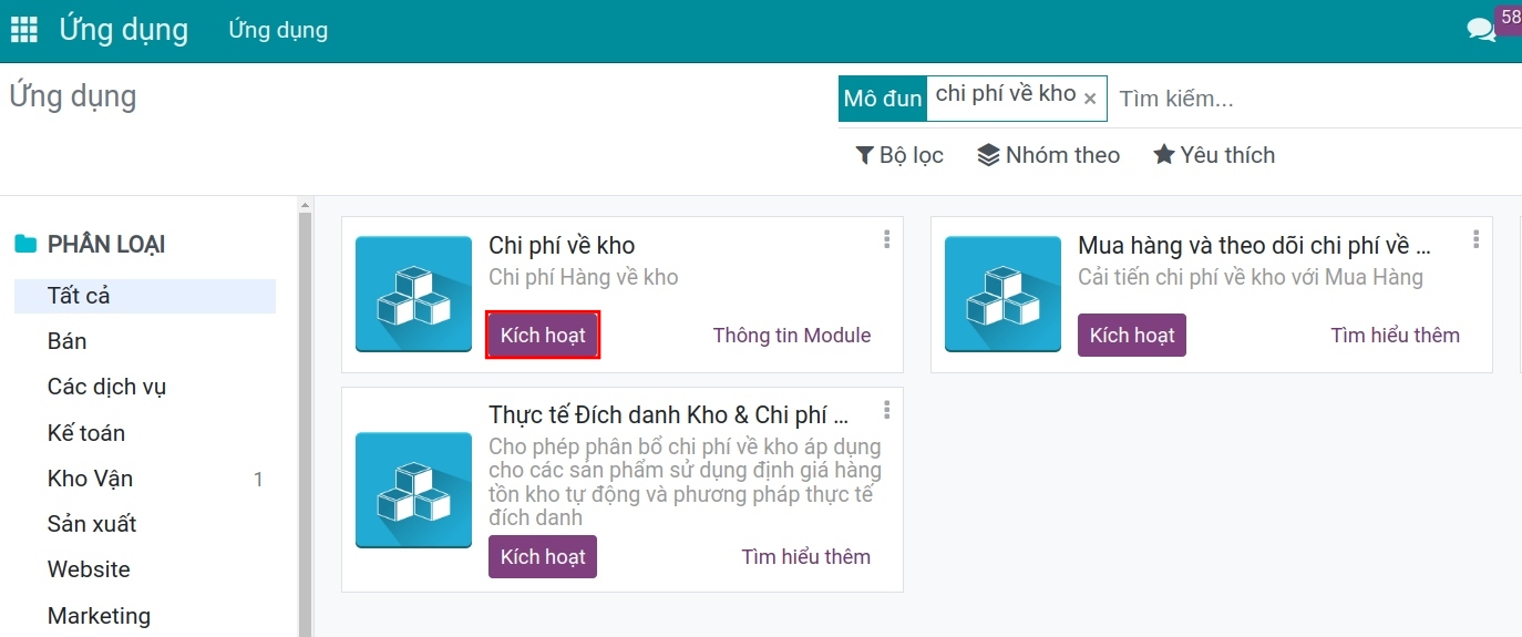 Cài đặt mô-đun Chi phí về kho - Kế toán Viindoo