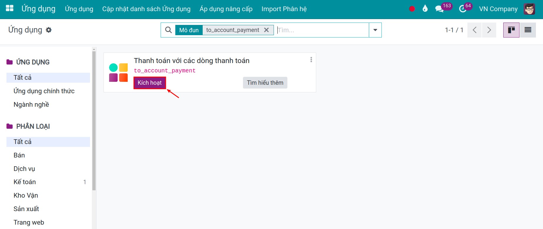 Cài đặt mô-đun gợi ý dòng thanh toán - Viindoo Accounting