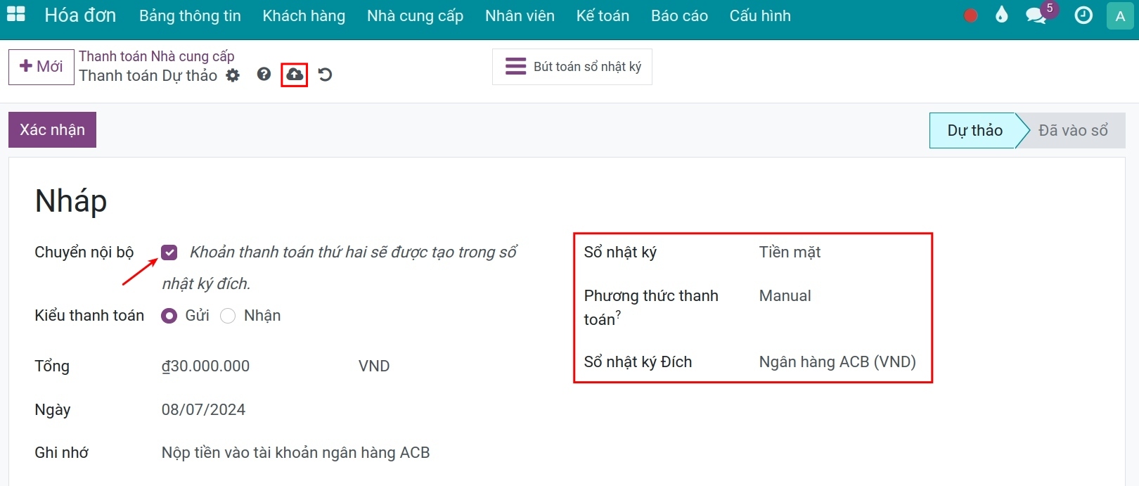 Chi tiền mặt nộp vào tài khoản ngân hàng