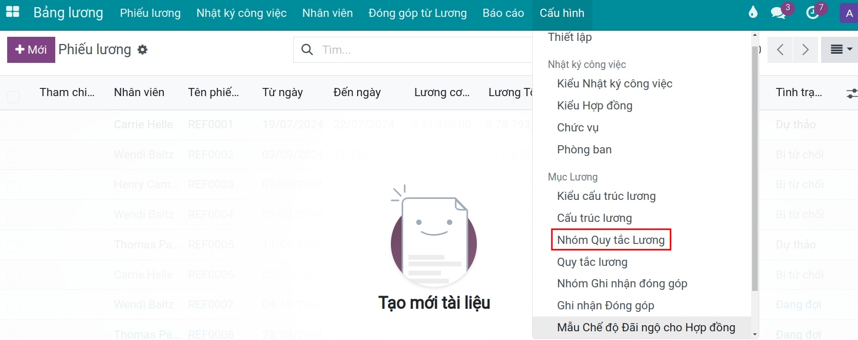 Danh sách nhóm quy tắc lương trong phần mềm quản lý lương Bảng lương Viindoo