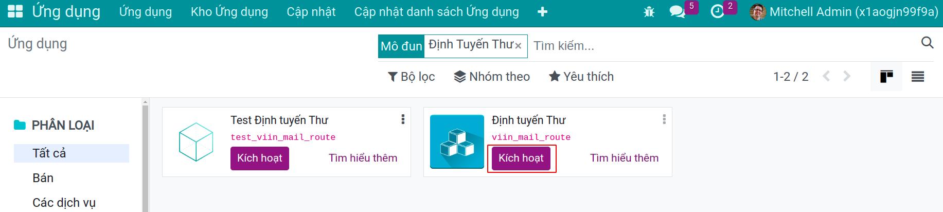 Install Mail Route app in Viindoo