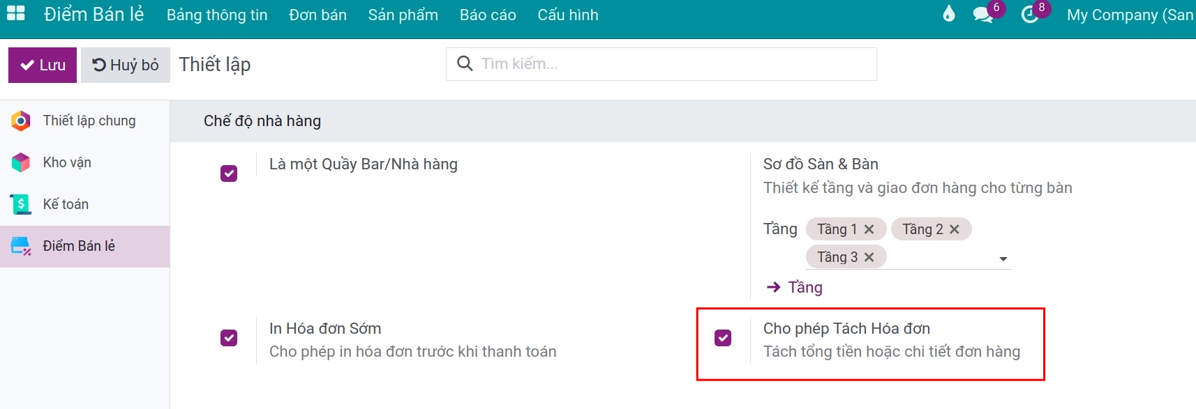 Kích hoạt tính năng tách đơn khi thanh toán trong Viindoo