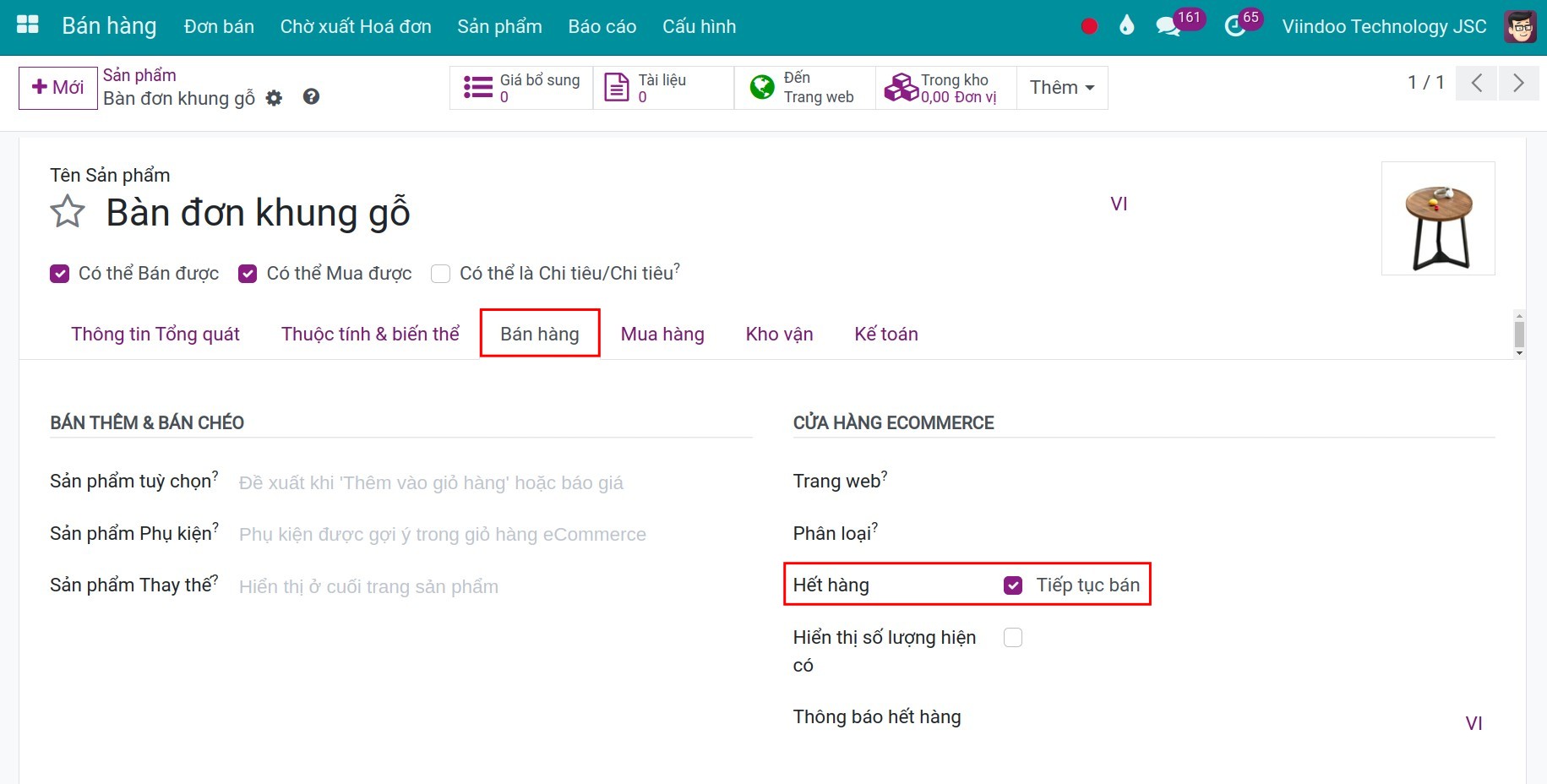 Kích hoạt tính năng hết hàng