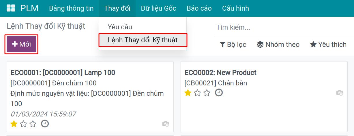 Nhấn nút tạo mới lệnh thay đổi kỹ thuật