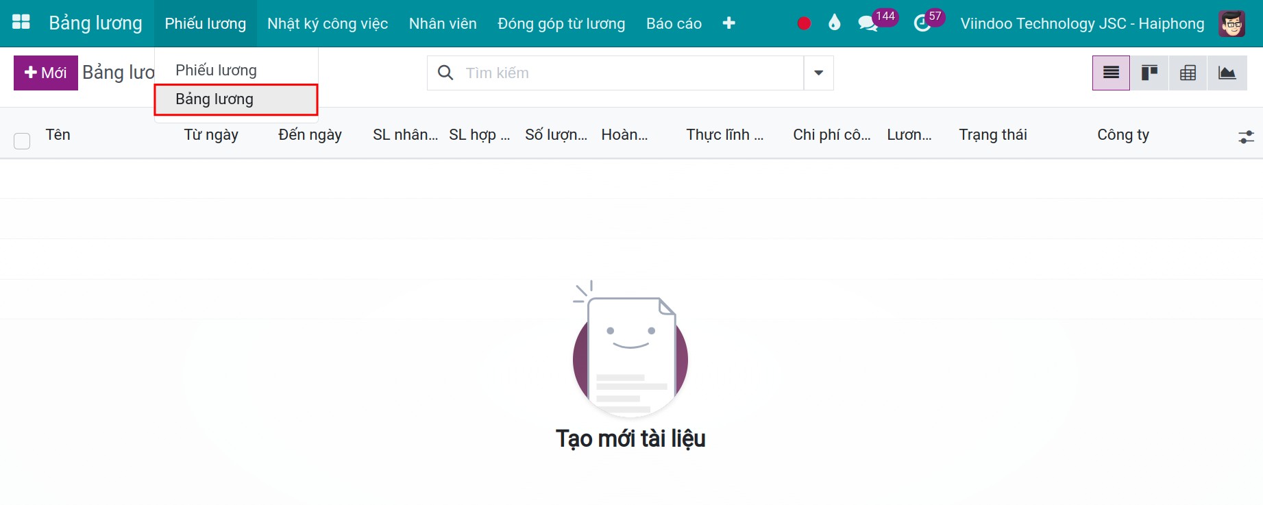 Tạo mới bảng lương - Phần mềm quản lý tính lương Viindoo