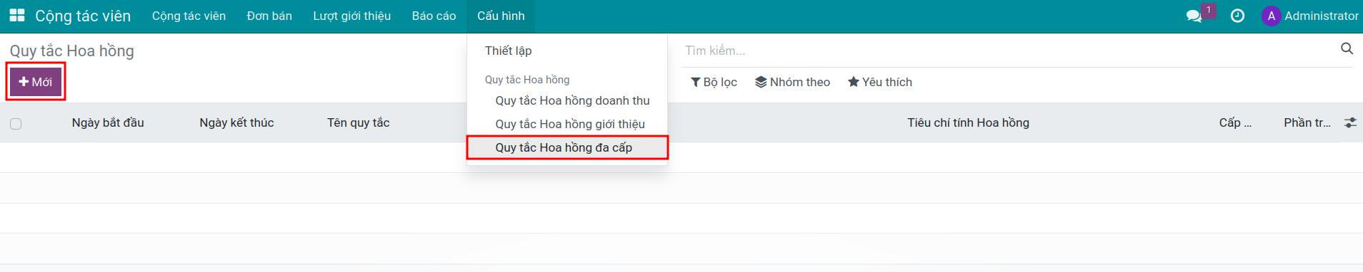 Tạo mới quy tắc hoa hồng đa cấp trong ứng dụng Cộng tác viên Viindoo