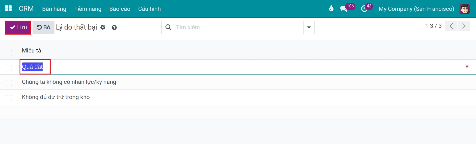 Chỉnh sửa lý do thất bại trong hệ thống CRM - Viindoo