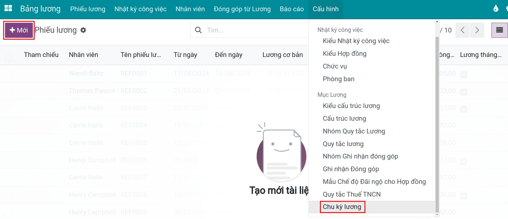 Truy cập danh sách chu kỳ lương