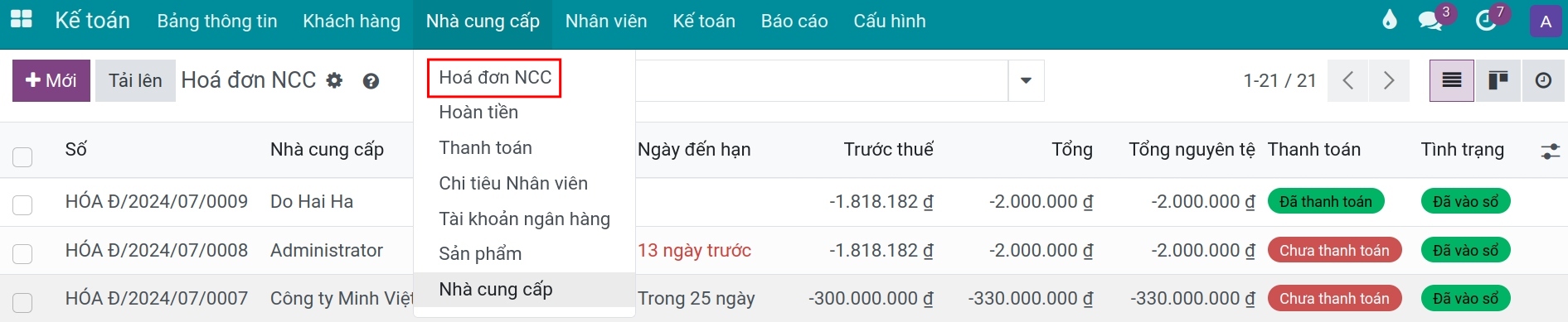 Truy cập hóa đơn nhà cung cấp