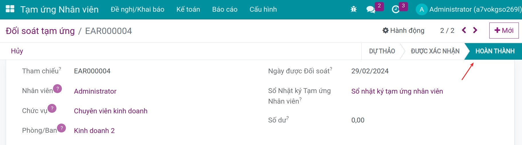 Trang thái của phiếu tạm ứng
