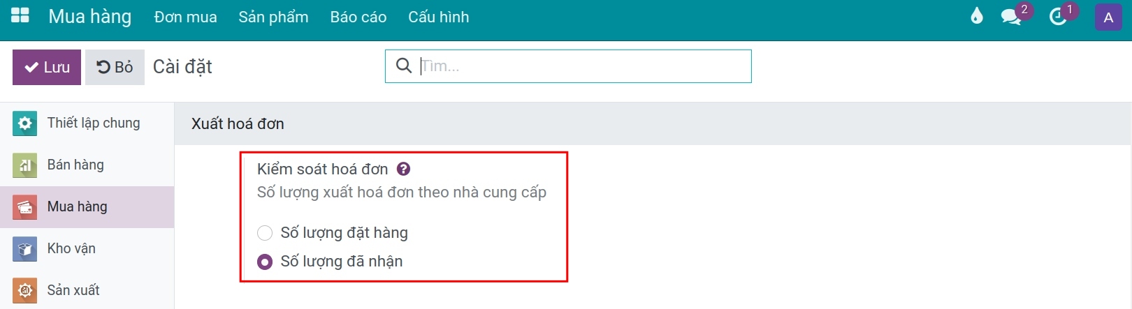 Các lựa chọn xuất hóa đơn tại phần mềm quản lý mua hàng Viindoo