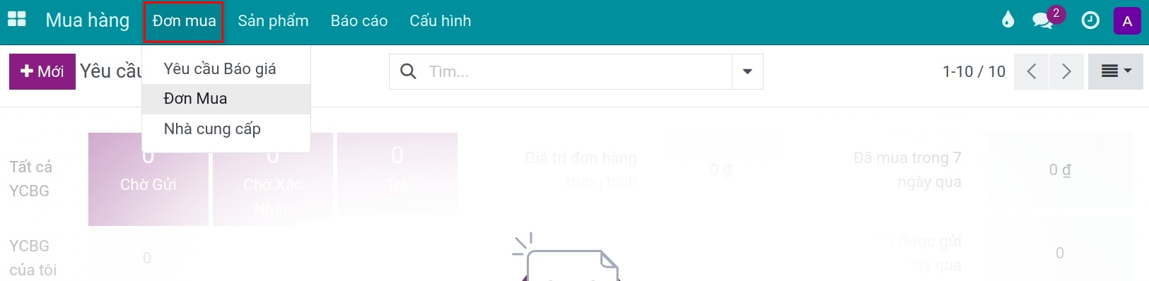 Giao diện tổng quan menu phần mềm quản lý mua hàng ERP Viindoo