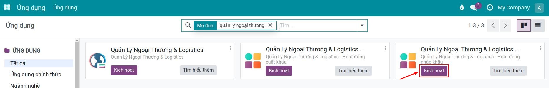 Kích hoạt ứng dụng Xuất nhập khẩu