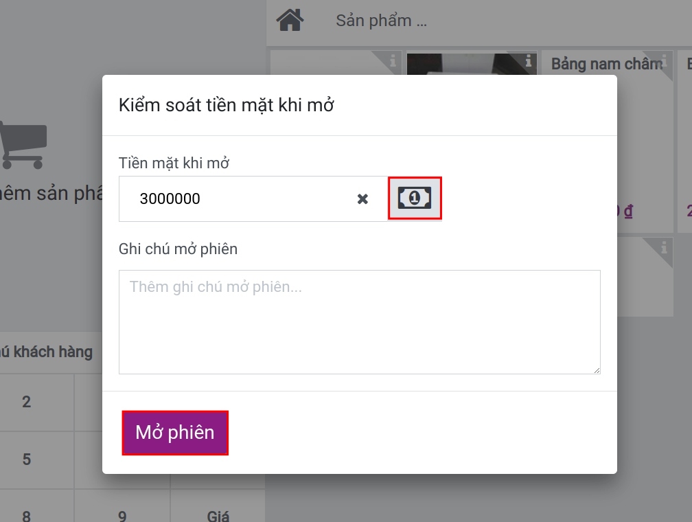Thiết lập số tiền mở phiên