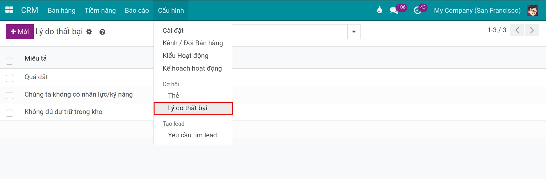 Thiết lập lý do thất bại crm - Viindoo