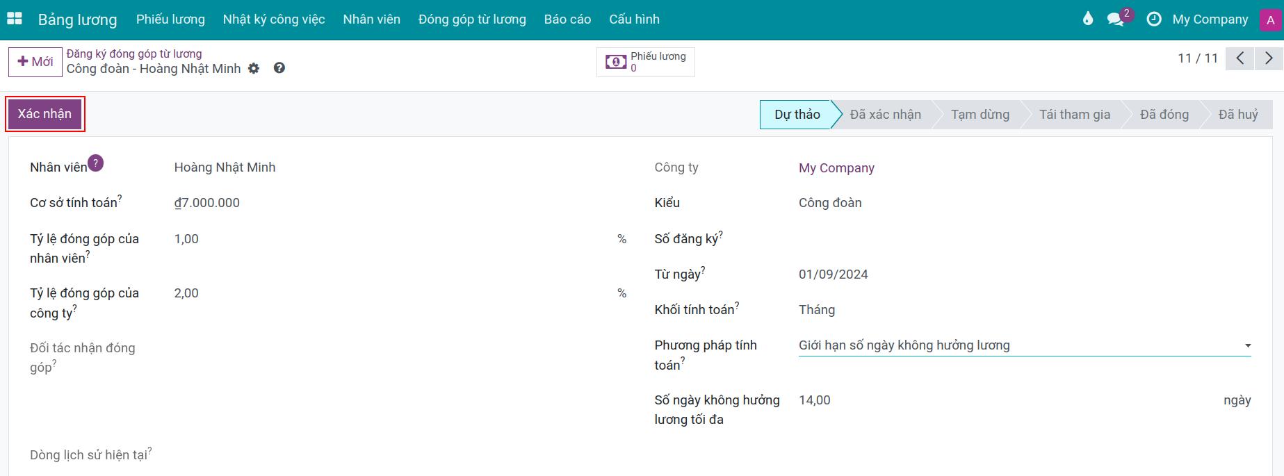 Giao diện bản ghi đăng ký đóng phí công đoàn từ lương