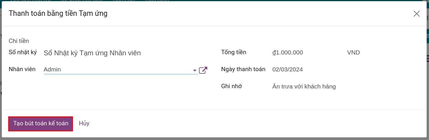 Thanh toán bằng khoản tiền tạm ứng