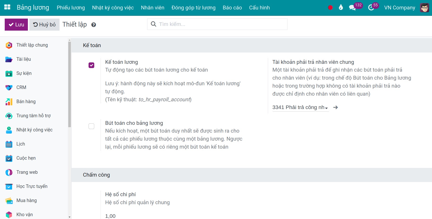 Thiết lập chung - Kế toán lương Viindoo