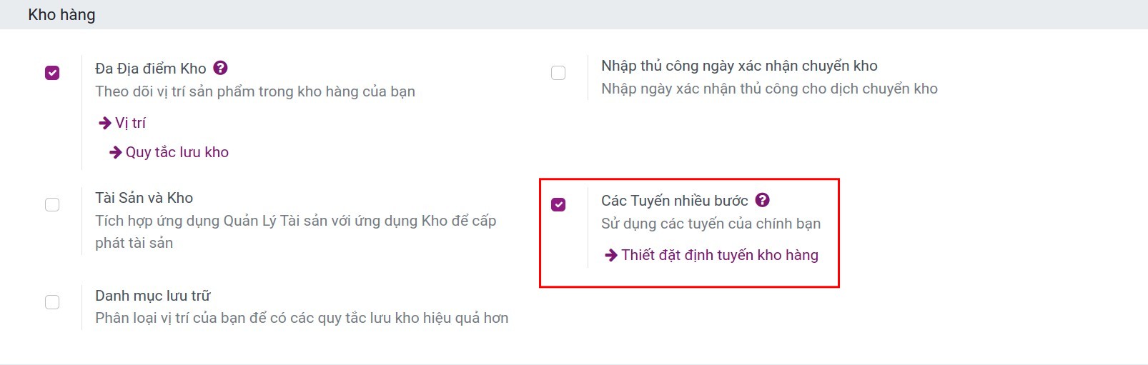 chọn chế độ nhận hàng nhiều bước trong quản lý kho viindoo
