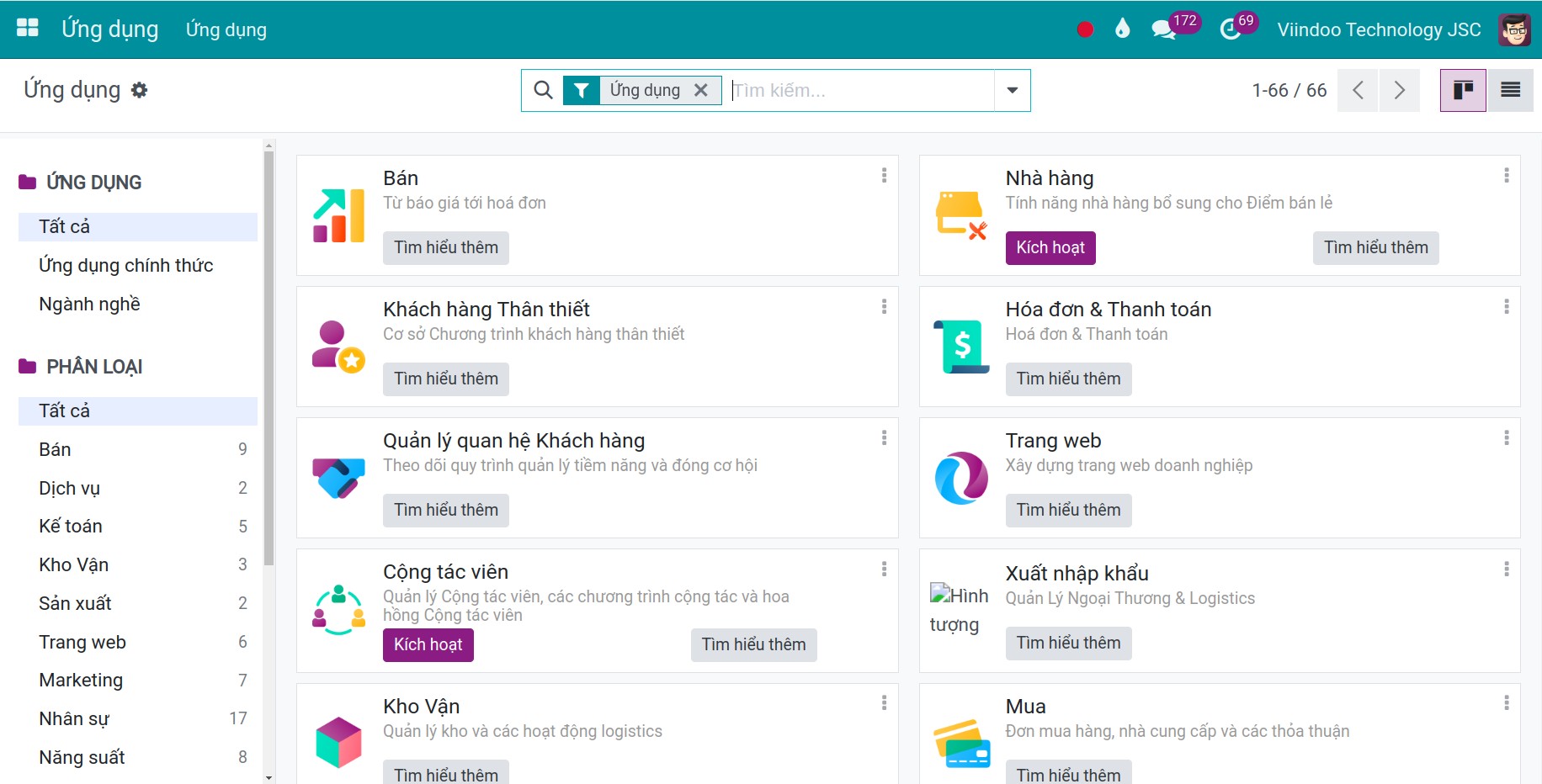 Truy cập giao diện Ứng dụng của Viindoo
