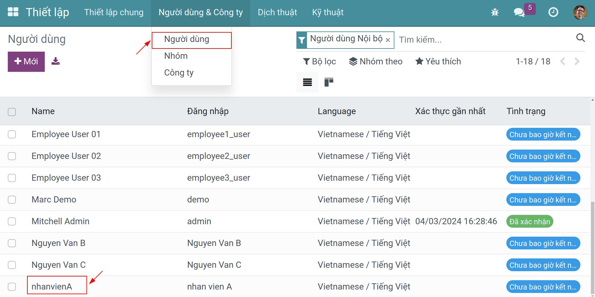 Select an user to give access right in Viindoo