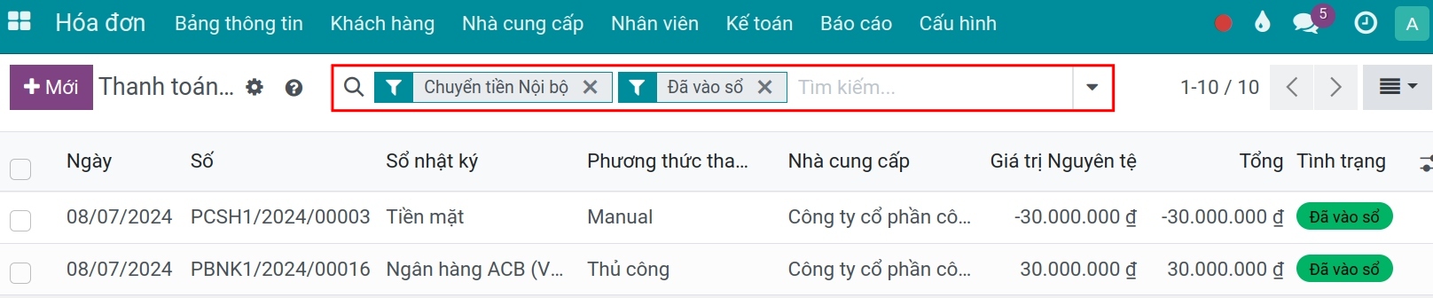 Giao diện xem phiếu thanh toán