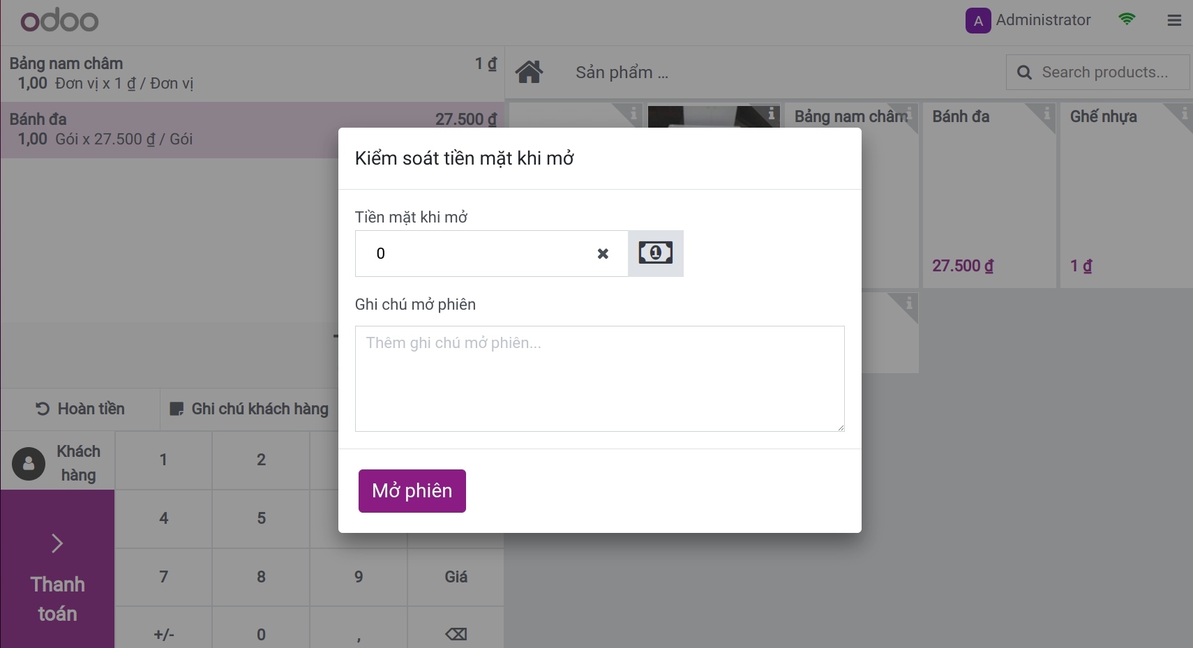 Tiền mặt khi mở - Viindoo PoS
