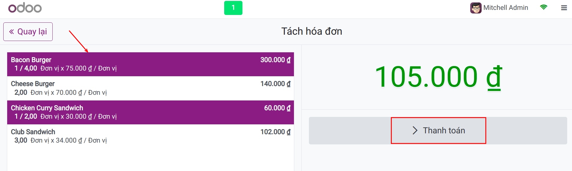 màn hình thao tác tách bill viindoo pos
