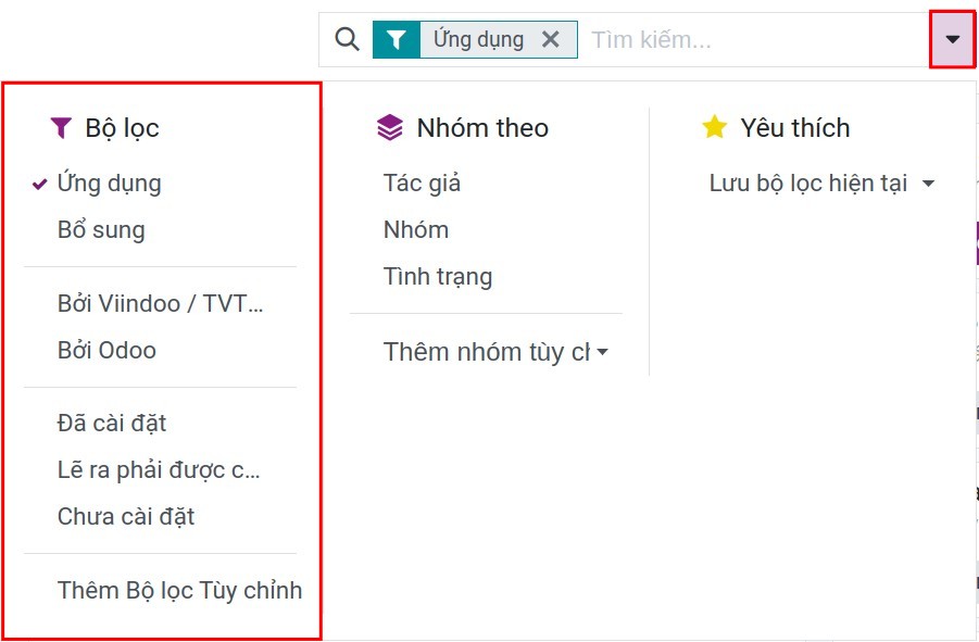 Bộ lọc Ứng dụng của phần mềm Viindoo