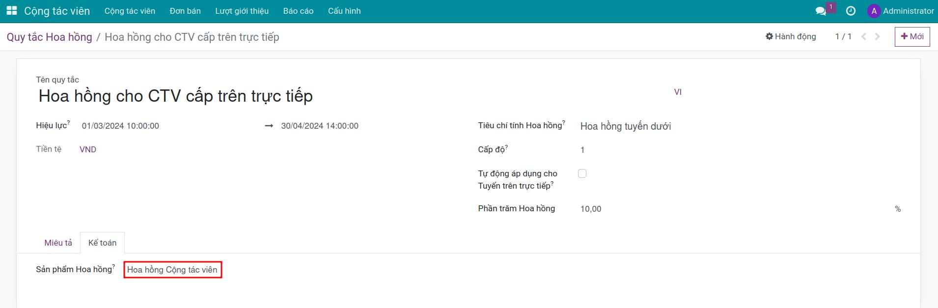 Sản phẩm hoa hồng trong ứng dụng Cộng tác viên Viindoo
