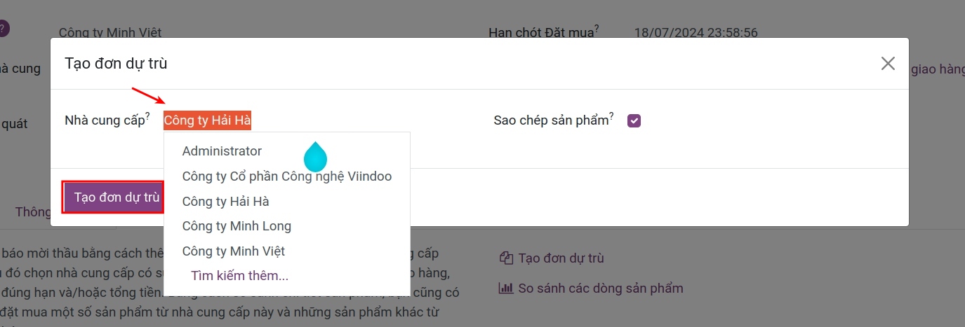Sao chép sản phẩm sang đơn dự trù trên ứng dụng Mua hàng