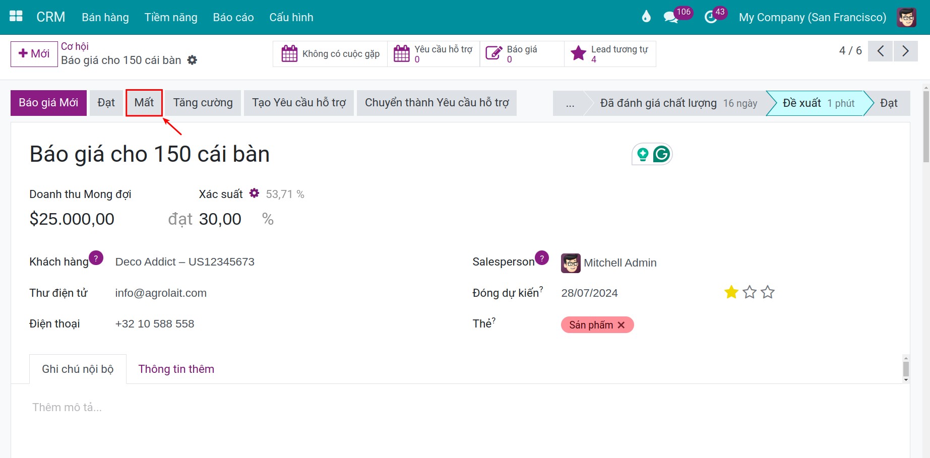 Đánh dấu cơ hội thất bại crm - Viindoo