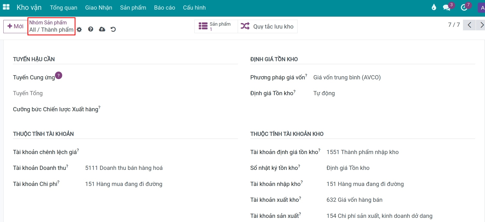 Cấu hình tài khoản kế toán cho nhóm sản phẩm thành phẩm