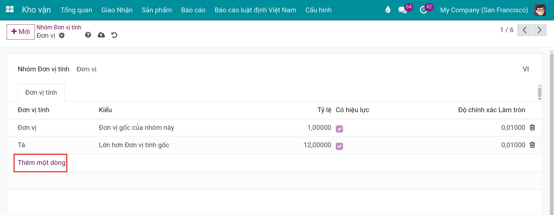 Tạo mới đơn vị tính trong Ứng dụng quản lý Kho vận của Viindoo