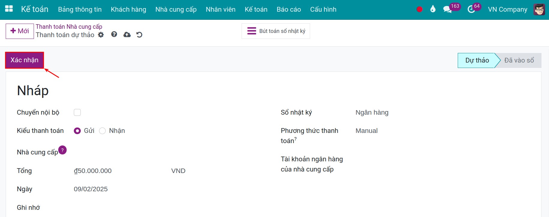 Xác nhận thanh toán lương nhân viên - Viindoo Accounting