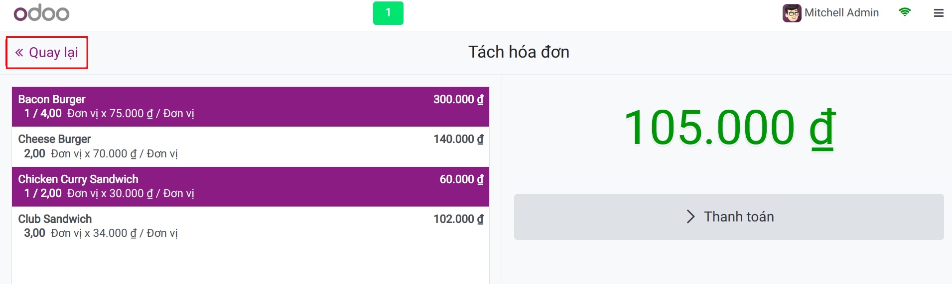 quay lại màn hình thanh toán viindoo pos